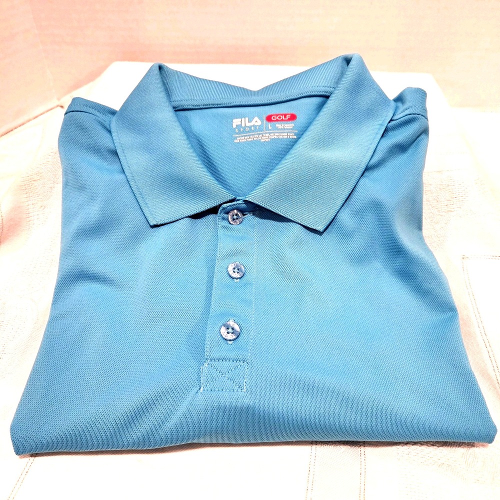 Fila Sport Men's Golf Polo Aqua Size Large 3-Button Closure Logo on Sleeve & Hem